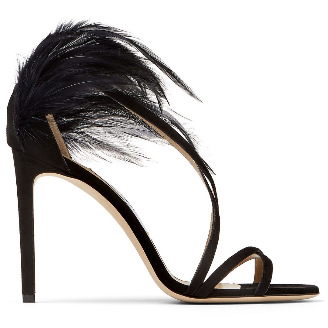 Black Suede Stiletto Sandals with Feather Trim